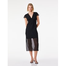 Koton Slim Fit Fiyonk Detaylı Midi Boy V Yaka Karpuz Kol Tül Elbise Siyah 6sak80186ek Siyah