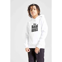 Tshirthane The Real Boss Baskılı Unisex Çocuk Kapüşonlu Beyaz Sweatshirt Beyaz