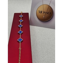 Mavi Çelik Bileklik Gold Renk Yoncalı Model Altın