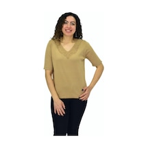 Kadın Yarım Kol V Yaka Yaka Sırt Detaylı Triko Tişöt 12837 Bgl-st04658 Camel