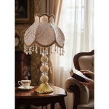 Koyu Gold Kadife Fransız Dantel Başlık İncili Gold Metal Ayaklı Klasik Abajur 50x25cm