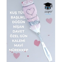Kuş Tüyü Başlıklı Düğün Nişan Davet Özel Gün Kalemi Mavi Mürekkep Kalp