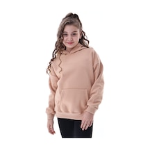 Unisex Çocuk Kapüşonlu Sweatshirt Rahat Günlük Spor Giyim Oversize Model Krem Renkli Bej