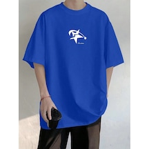 Freedom Star T-shirt - Sax Mavi Baskılı Oversize Bisiklet Yaka Kısa Kol Tişört Sax Mavi