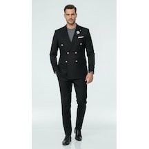 Erkek Kruvaze Gold Düğmeli Dokulu Likralı Kumaş Blazer Ceket Modern Kesim Şık Tasarım Siyah