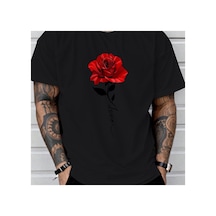 Caddemia Yaz Moda Rahat Gevşek Büyük Gül Desen Baskılı Spor Yuvarlak Yaka Kısa Kollu Siyah 2XL