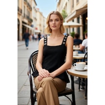 Benerly Kadın Bluz Kare Yaka Kalın Askılı Kolsuz Triko Peplum Taşlı İnce siyah