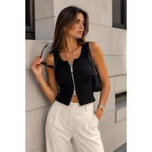 Park Karon Kadın Halter Yaka Fermuar Detay Slim Fit Kaşkorse Örme Crop Body Bluz 26094 Siyah