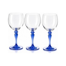 Mavi Ayaklı Kristal Şarap Kadehi, El Üfleme Cam, Şeffaf Gövde, 18 Cm Yükseklik, 3'lü Set Diğer