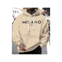 Herkesemoda Milano Yazı Detaylı İçi Polarlı Kapüşonlu Sweatshirt Bej