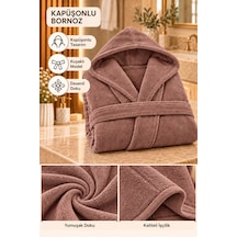 Kapüşonlu Unisex Rashell Bornoz Cepli Yumuşak Dokulu Vizon Kahverengi