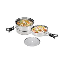 Geeksen Stainless Steel 3'lü Kamp Tencere Seti: Kettle, Tava Ve Buhar Tepsisi İle Çeşitli Pişirme Yöntemleri Gümüş