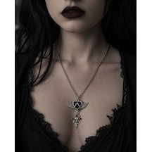 Gotik Kanatlı Kalp Ve Kurukafa Detaylı Siyah Taşlı Kolye Unisex Çok renkli