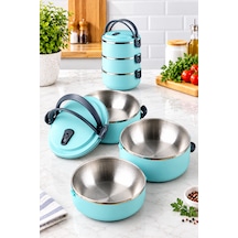 3 Katlı Yeni Nesil Sefer Tası Lunch Box Beslenme Kabı Paslanmaz Çelik 1800 Ml Turkuaz