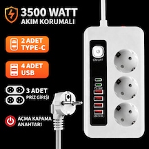 3500w Akım Korumalı 3 Lü Priz 2 Type-c + 4 Usb Girişli Açma Kapama Anahtarlı 2 Metre Kablolu 2 M 3500w Akım Korumalı 3 Lü Priz 2 Type-c + 4 Usb Girişli Açma Kapama Anahtarlı 2 Metre Kablolu 2 M