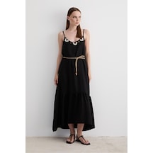 Violevin Kadın İstiridye Detaylı Askılı Keten Elbise 7219-64-siyah