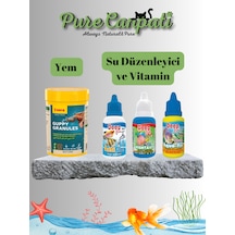 Purecanpati Akvaryum Başlangıç Seti Balık Yemi + Su Düzenleyici + Balık Vitamini + Klor Giderici Akvaryum Bakım Seti