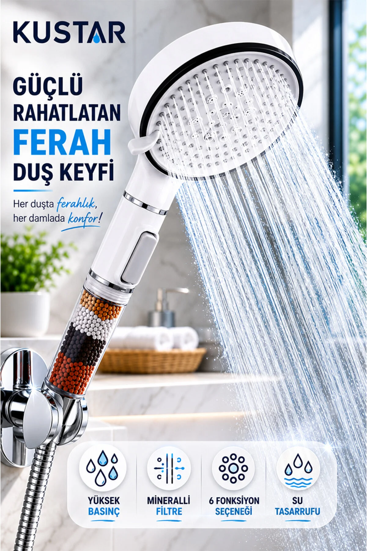 Yeni Nesil 5 Fonksiyonlu Filtreli Duş Başlığı Yüksek Basınçlı Tasarruflu Duş Başlığı Stop Butonlu Kireç Önleyici Mineral Filtreli 12 Cm Beyaz