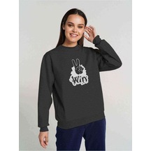 Peace Win Baskılı Füme Antrasit Kadın Sweatshirt