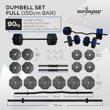 Tanspor 90 Kg Dambıl Halter Full Kısa Bar + Düz Bar (150 cm) + Z Bar (120 cm) Set Mavi Kapaklı