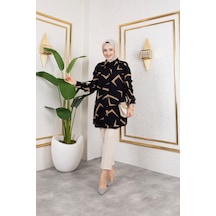 Hira Life Fashion Kadın Tesettür Giyim Ve Spor Giyime Uygun Düğme Detaylı Şık Desenli Dokuma Viskon Gömlek-tunik Siyah 3 Siyah 3