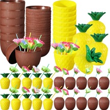Tropikal - 941 - Parti Bardak Seti Ananas Ve Hindistan Cevizi Şekilli Pipetli Bardaklar - Dpmıx-hb - 20 Adet