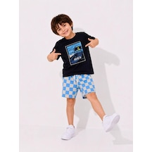 Cg Kids Palmiye Baskılı Siyah T-shirt Ve Damalı Şortlu Erkek Çocuk Alt Üst Takım - Pamuklu Yazlık Ço