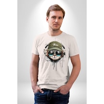 Havalı Pilot Şapkalı Müzik Dinleyen Kedi Unisex Unisex Beyaz Organik Baskılı T-shirt Penye Yüksek Kalite Beyaz