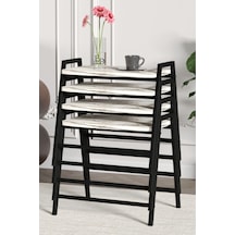 Zigon Sehpa , Aden 4'lü Tepsi Zigon Sehpa Takımı Siyah Metal - Beyaz Mermer Tabla Siyah-beyaz Mermer