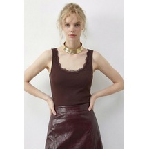 Shade Kadın Pamuklu Slim Fit U Yaka Dantelli Atlet 1053 60286022 - Acı Kahve Çok Renkli