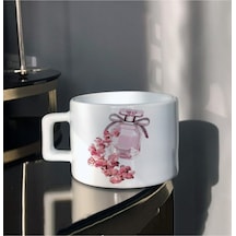 Pembe Parfüm Şişesi Tasarım Baskılı Beyaz Çay Kahve Fincanı