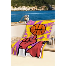 Basketbol Temalı Modern Plaj Havlusu - Geometrik Pop Art Mor Sarı Hızlı Kuruyan Mikrofiber Havlu Dalgın Defne