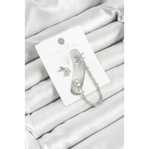 Pirinç Kelebek Figürlü Zirkon Taşlı Gümüş Renk 3'lü Kıkırdak Kadın Küpe Set - Tj-bkp10659 Çok Renkli