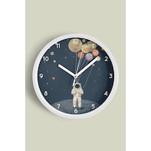 Uzay - Astronot - Gezegen Temalı Çocuk Odası Modern Duvar Saati - 25cm - Önü Camlı Beyaz Kasa-jh0352 Beyaz