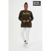 Süperlife Kadın Büyük Beden Capri Island Baskılı Bisiklet Yaka İnce Sweatshirt Spr26bswk956-14 Haki