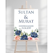 Söz Nişan Düğün İçin 50x70 Karşılama Panosu - Mavi Gül Tasarımlı 003 Beyaz