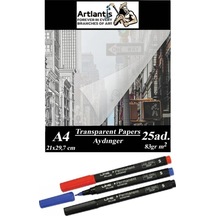 Aydınger Kağıdı A4 83 Gr 25'li 1 Paket Eskiz Kağıdı Lineplus Asetat Kalemi S 0.3 Siyah Kırmızı Mavi