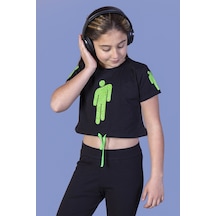 Toontoy Kids Toontoy Kız Çocuk Crop Model Baskılı Taş İşlemeli Tişört Siyah