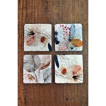 Doğal Taş Bardak Altlığı Çiçek Desenleri Baskılı 4'lü Set - Stone Coasters Çok Renkli