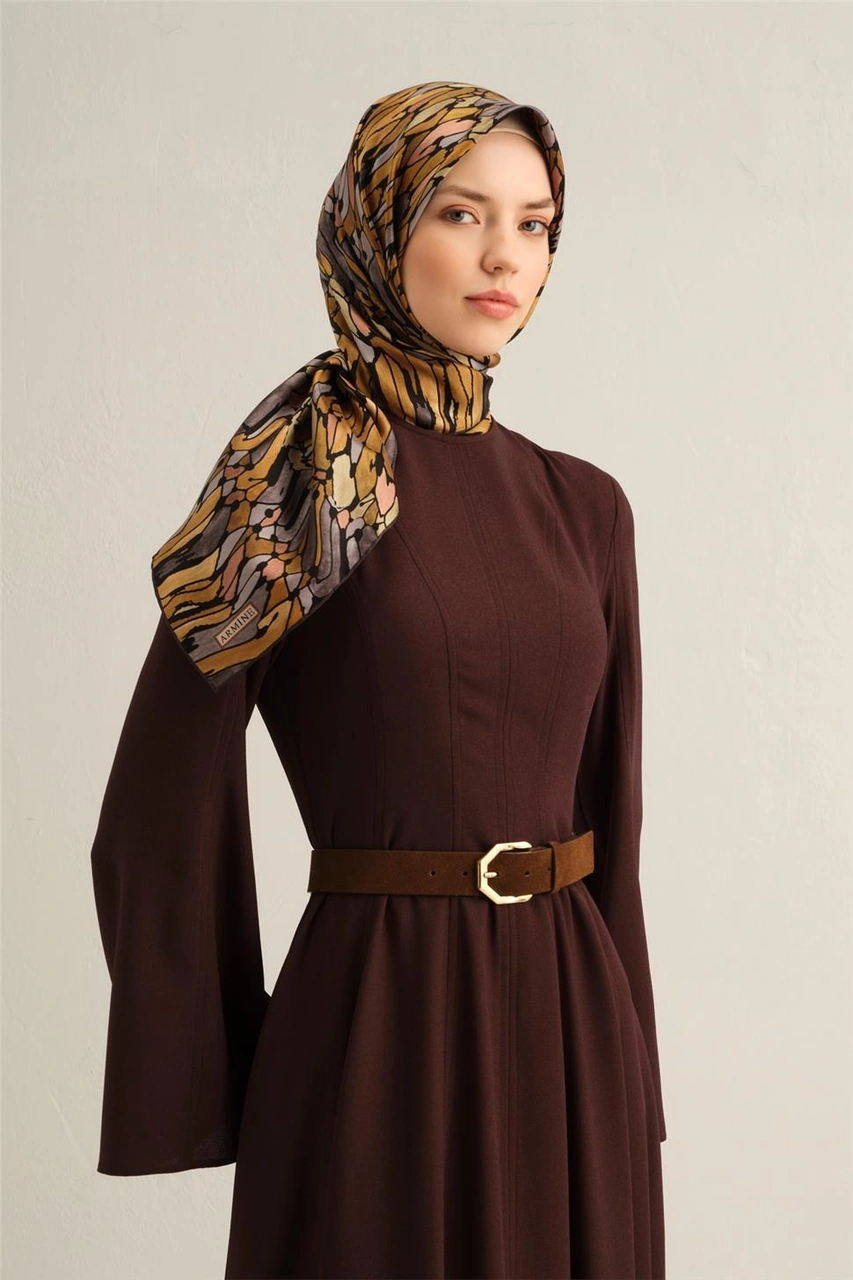 Armine Soyut Desenli Saf İpek Twill Eşarp 9335d 50 KAhverengi