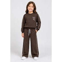 Rony Pony Kids Kız Çocuk Kahverengi Çiçek Nakışlı Omuz Biyeli Sweatshirt Ve Palazzo Eşofman Takımı