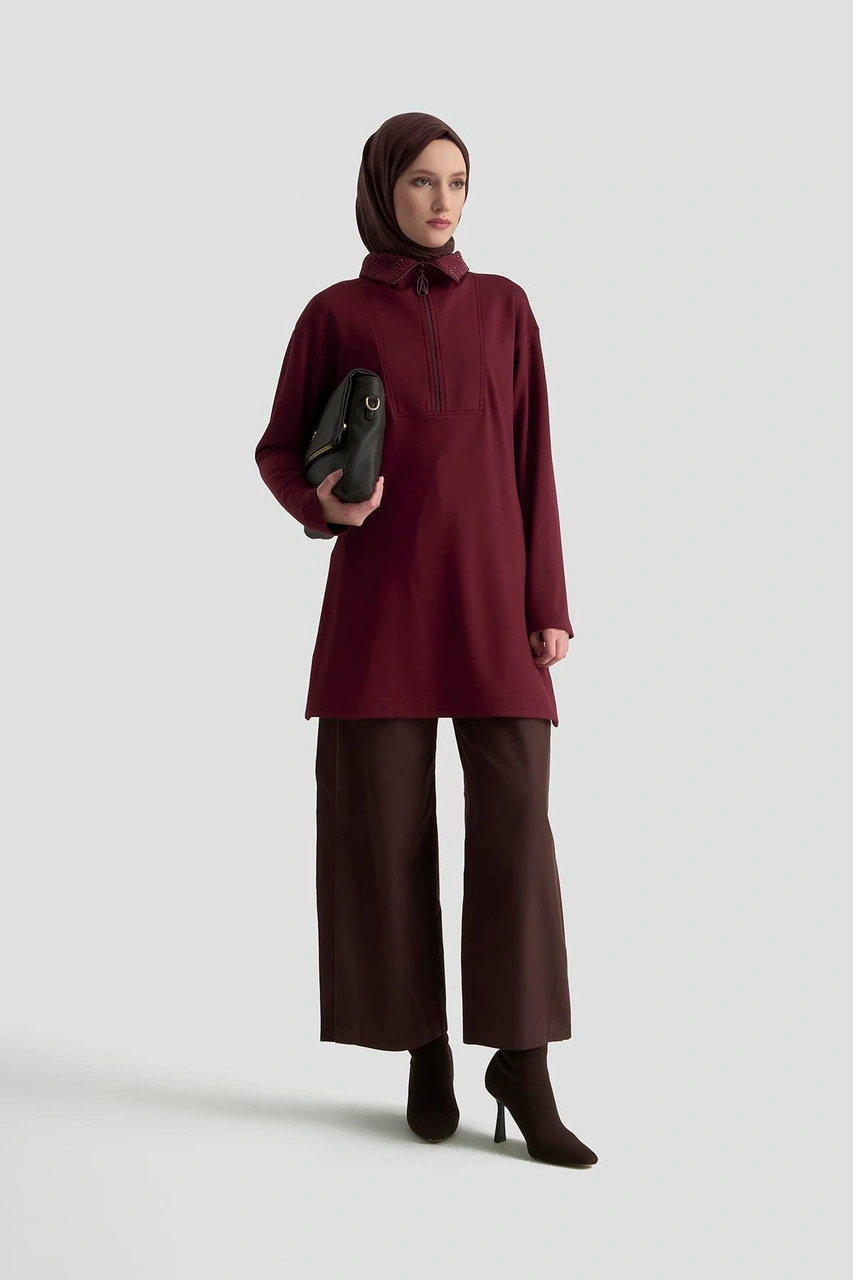 Armine Trend Yakası Taş Detaylı Yarım Fermuarlı Tunik Mürdüm 25kt406 Mürdüm