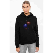 Fortnite Kırmızı Mavi Baskılı Siyah Kadın Kapşonlu Sweashirt