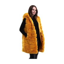 Kadın Kapüşonlu Peluş Kürk Yelek Premium Kalite Tam Astarlı Uzun Model - Sarı