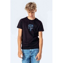 Cool 3D Skull Baskılı Unisex Çocuk Siyah T-Shirt