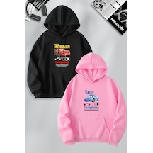Macklin Sevgili Çift Kombin Mcqueen Ve Sally Ön Baskılı Özel Tasarım Kapüşonlu Sweatshirt 2li Set Takım Siyah Pembe Mck1106 Çok Renkli