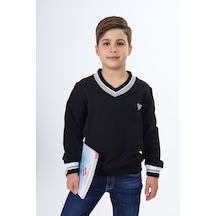Toontoy Kids Toontoy Erkek Çocuk Regular Fit V Yaka Nakış Baskılı Okul Sweatshirt - Garni & 2 İplik Siyah