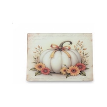 Plus - 20x30 Cm - Isıya Dayanıklı Temperli Cam Kesme Tahtası - Vintage Beyaz Balkabağı Ve Çiçek Desenli, Hijyenik Mutfak Tezgah Koruyucu Ve Sunum Tablası Çok Renkli