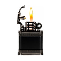 Premium Metal Çakmak Çizgili Desenli Klasik Hediyelik Çakmak Siyah