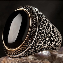 Oval Siyah Oniks Taşlı Simetrik Desen Gümüş Erkek Yüzük